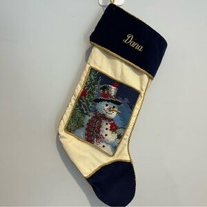 Lillian Vernon Needlepoint Christmas Stocking Snowman Blue Velvet - DANA